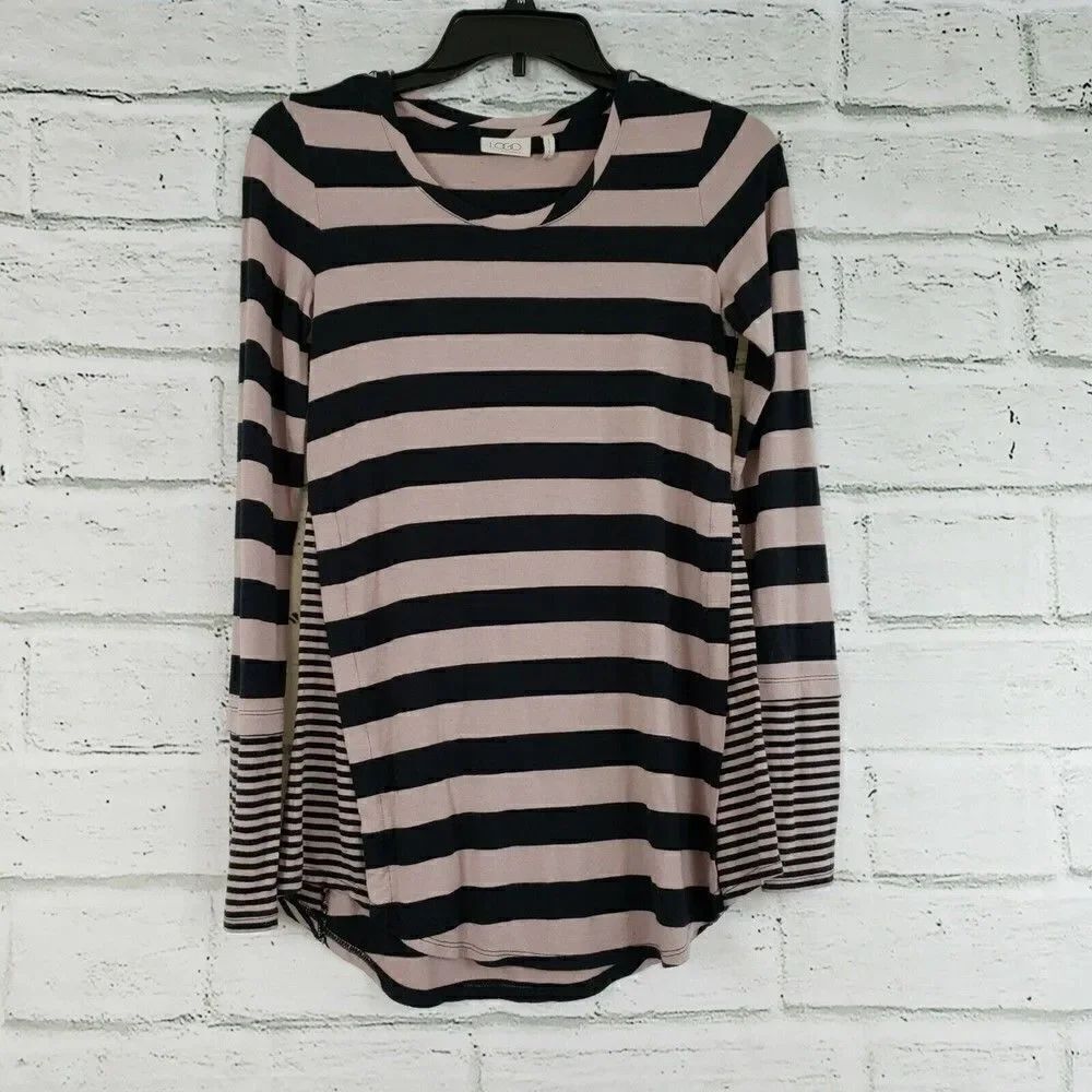 LOGO by Lori Goldstein Knit Stripe Top  Contrast Side Long Sleeve shirt